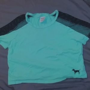 PINK- VS teal, mesh shoulder crop top